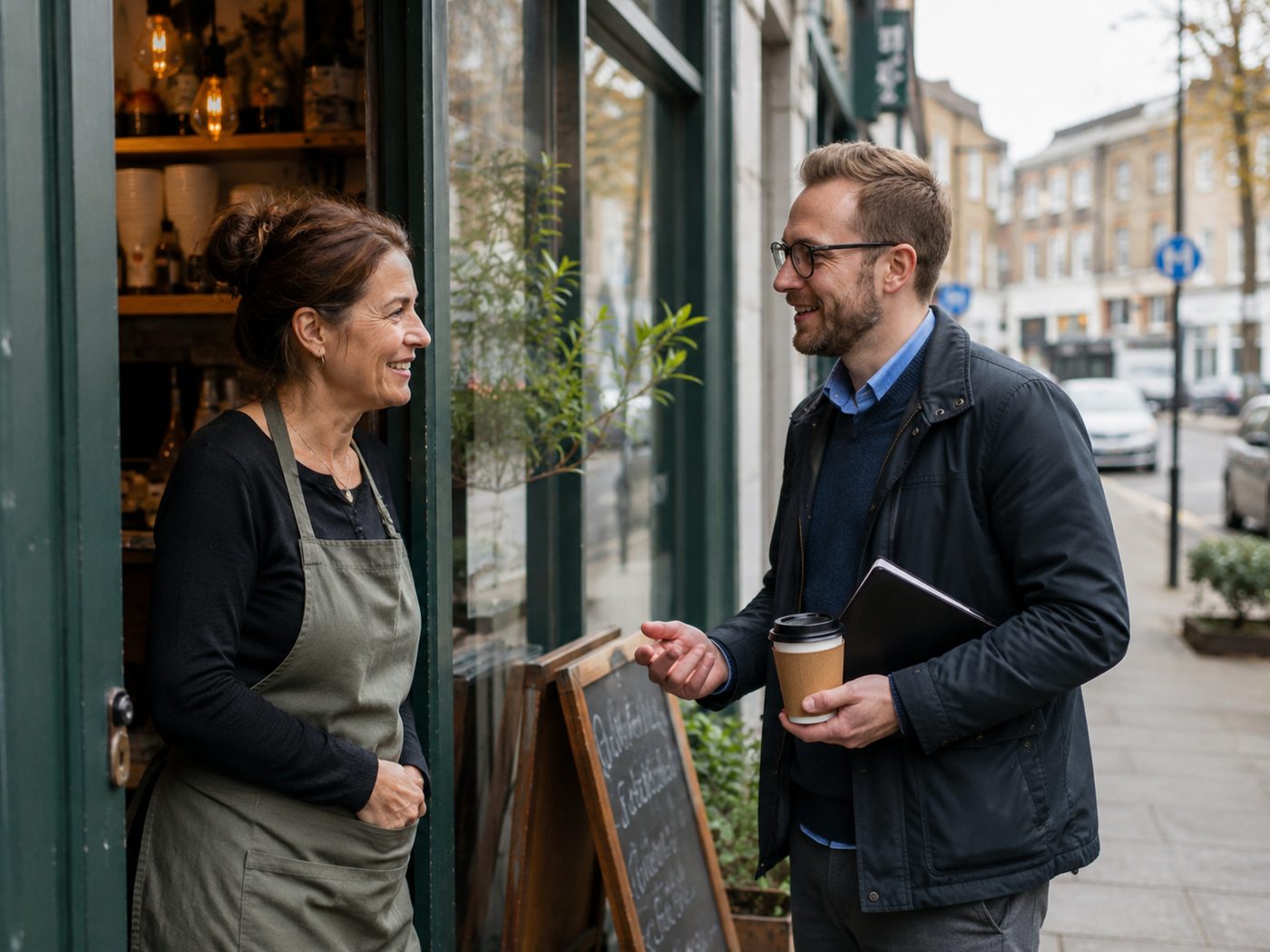 A shop owner chatting with an advisor outside her store