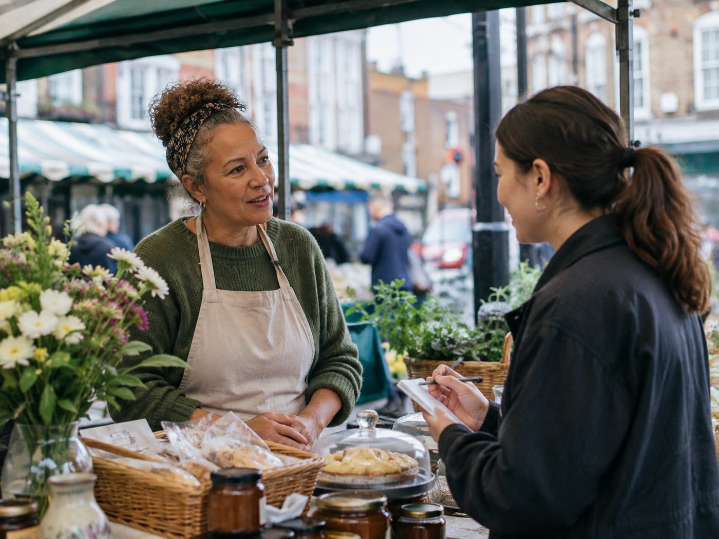 A market stallholder discussing her business with someone taking notes
