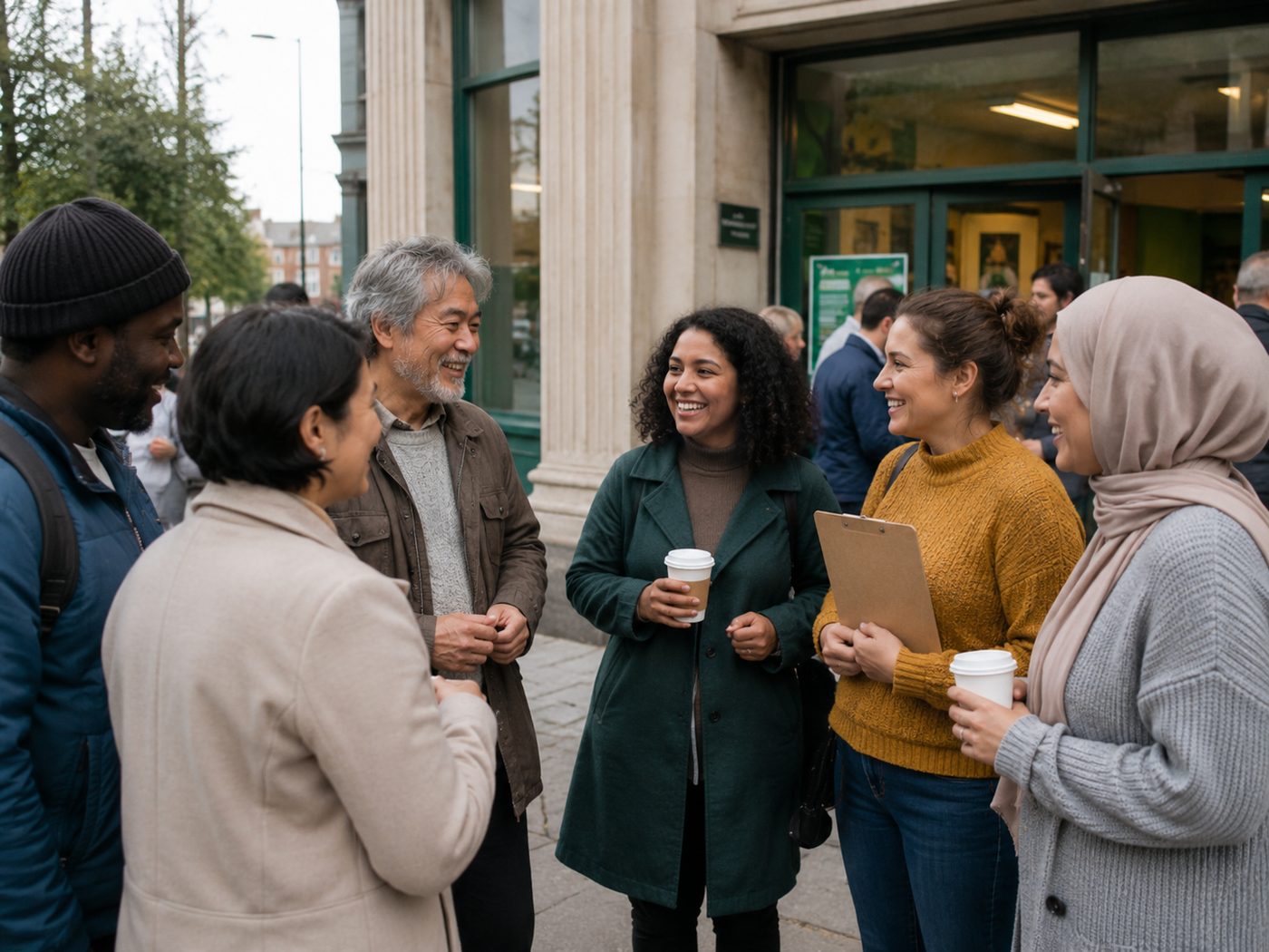 A diverse group of people chatting together outside